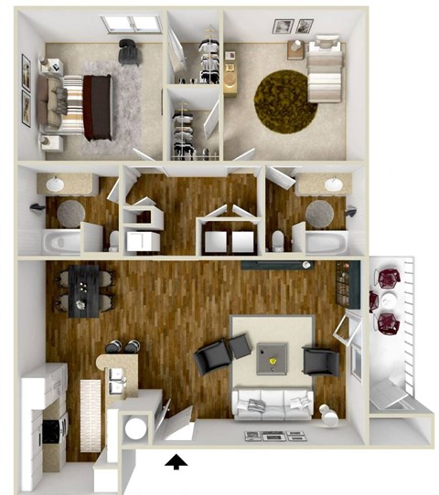 Floor plan for 2 beds, 2 baths, 1185 sqft